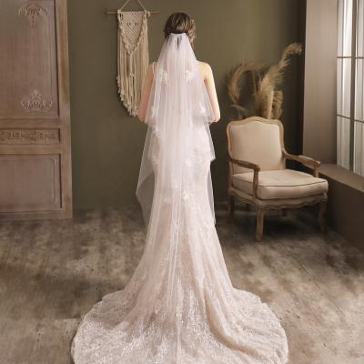 China Eco-Friendly Materials Shenglan 2 Tier White Ivory Wedding Veils Lace Applique Sequins Cathedral Length Bridal Veil for sale