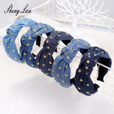 China Women Shenglan cowboy denim pearl hair band knot cross headband new simple design friendly material headband for girls for sale