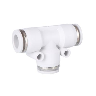 China White Plastic T Series Industry PE Air Duct Pipe Type Three Way Quick Connector One Touch Pneumatic Push In Fitting for sale