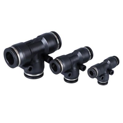 China Black Plastic T Series Industry PE Air Duct Pipe Type Three Way Quick Connector One Touch Pneumatic Push In Fitting for sale