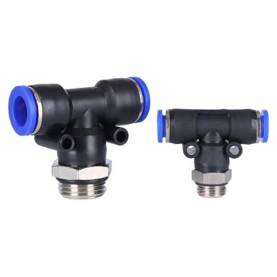 China Industry PB-G Series Tee Shape Male Thread Blue Three Way Quick Connector With G-Wire One Touch Air Duct Hose Push In Fitting for sale