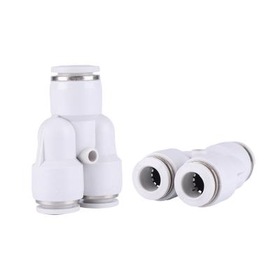 China Industry PW Plastic White Series Y Form Pneumatic Air Duct Pipe Connector Three Way Quick Union One Touch Reducer Push In Fitting for sale