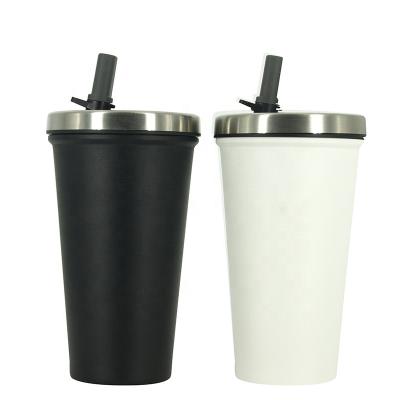 China 500ML Disposable Double Wall Insulated Stainless Steel Suction Coffee Cup With Lid And Straw for sale