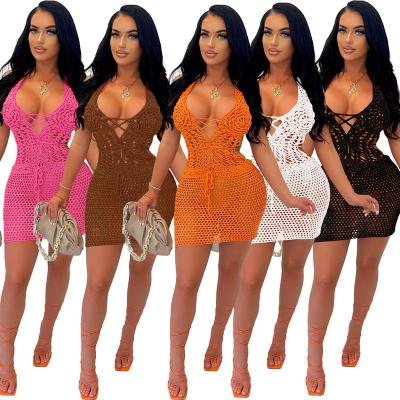 China 2022 Breathable Beach Wear Women Backless Dresses Hand Crochet Knitted Summer Sun Dress Ladies Bodycon Beach Wear Dress for sale