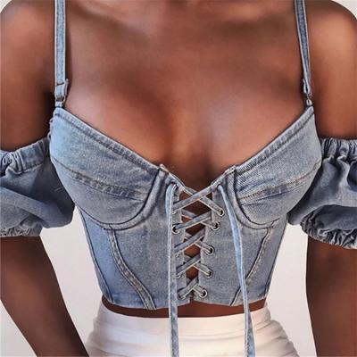 China Women's Anti-Pilling Fashion Selling Women's Slim Spaghetti Crop Denim Vest Hot Casual Sexy Denim Suspenders for sale