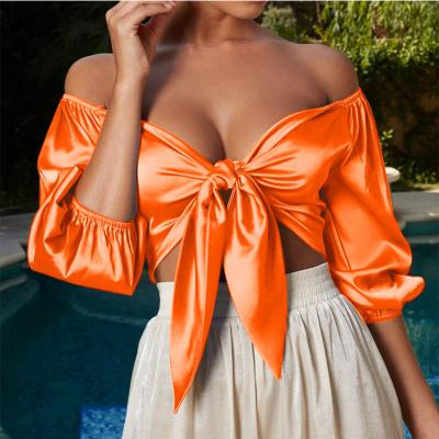 China 2020 Summer Women's Shirts Women's Lantern Sleeve Tunic TC8922 Anti-pilling V-Neck Low Tops and Tops Sexy Crop Bow Top Knot Tied for sale