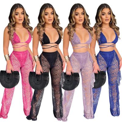 China 2022 Antibacterial New Design Two Pieces Women Lace Up Sexy 2 Pieces Pants Sets Hollow Out Bikini With Briefs for sale