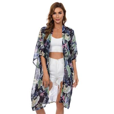 China Plus Size Fashion Women Summer Long Chiffon Blouse Feather printing Beach Blouse Shirt Kimono Cardigan for sale