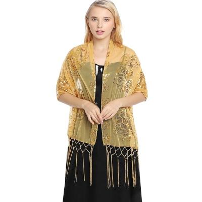 China Classic Floral Embroidery Shawls Elegant Women Sequin Beaded Tassel Wraps Sequin Shawls 1920s for sale