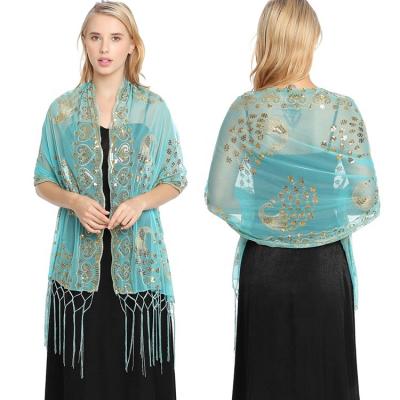 China European American Fashion Women Sequin Shawls Peacock Embroidery Tassel Wedding Scarves and Evening Wraps for sale