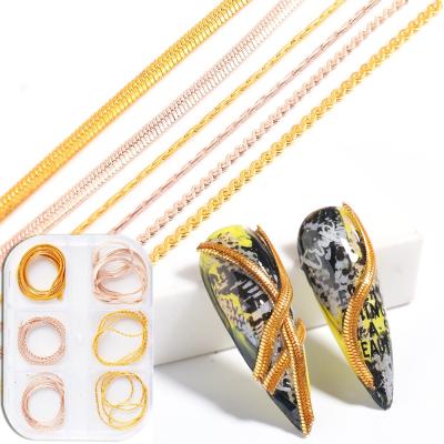 China Fashionable 6 Grids A Box Snake Bone Style Metal Art Decorations Gold Silver Chain Nail Combine DIY Jewelry Nail Art for sale