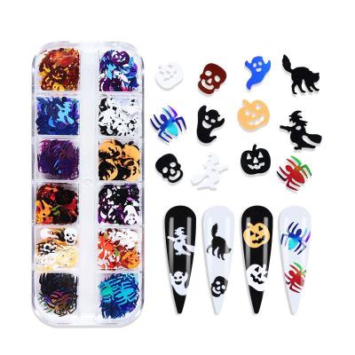 China Eco-Friendly Halloween Nail Art Sequins 3D Material Holographic Spider Skeleton Pumpkin Ghost Shape Nail Festival Party Holiday Glitter Flakes for sale