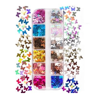 China Hot Selling Eco-friendly Material Laser Butterfly Nail Sequins 12 Grids Glossy Holographic Candy Colors Butterfly Sequins For Nail Art Decoration for sale