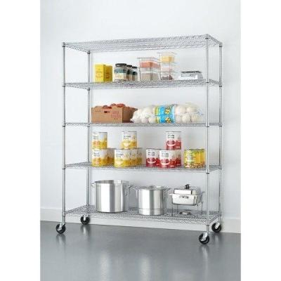 China 5 Tier Silver Rolling Storage Rack 20mm Wire Gap / Kitchen Wire Shelving Unit for sale