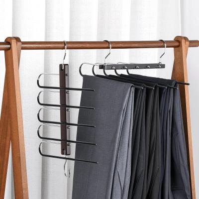 China New Design Multifunctional and Detachable 5 Layers Multifunctional Space Saving Wooden Metal Pants Hanger for Closet Organizers and Storage for sale