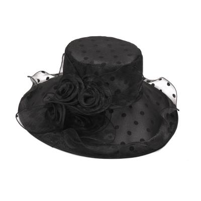 China Elegant Women's Breathable Flower Pattern Black Dots Hat Large Eaves Foldable Organza Hat Large for sale