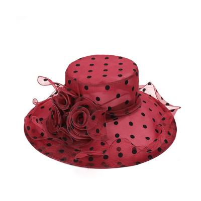 China Breathable High Quality Foldable Flower Women's Gules Dot Pattern Organza Big Brim Hat for sale