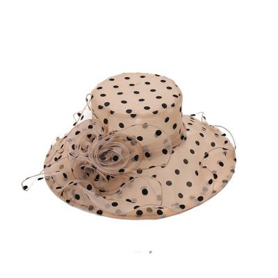 China Organza Hat Dot Pattern Flower Beige Breathable Mesh Big Brim Folding Hat for sale