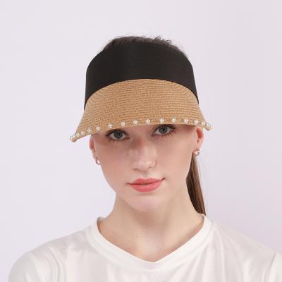 China Outdoor Use Summer Beads With Accessories Sunshade Hat Ladies Straw Paper Brim Empty Top Hat for sale