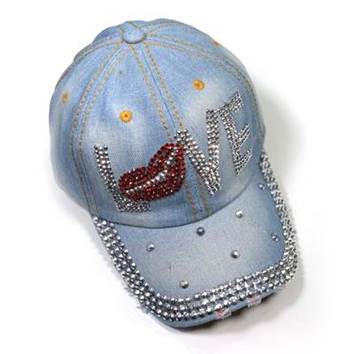 China JOINT Outdoor Travel Trucker Hat Sports Hat Female Light Blue With Sequins LOVE Baseball Hat for sale