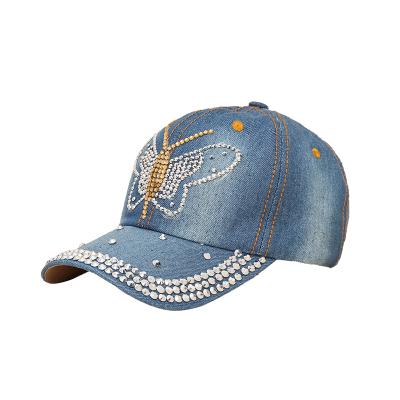 China JOINT Duck Tongue Hat Butterfly Pattern Baseball Cap Female Sequin Blue Denim Cloth Sports Hat for sale