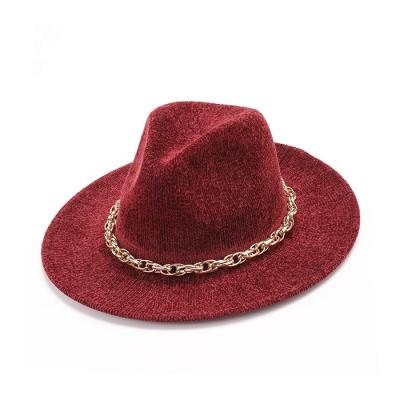 China New Fashion Burgundy Jazz Brim Hat Solid Color Soft Gold Wide Brim Panama Felted Hat Chain Hats for sale