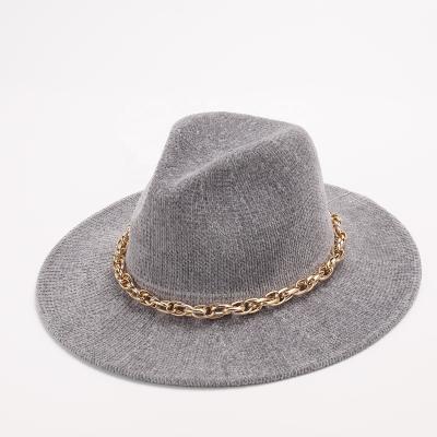 China Wholesale Gray Chenille Fedora Hats New Gold Chain Brim Soft Wide Tweed Panama Hat for sale