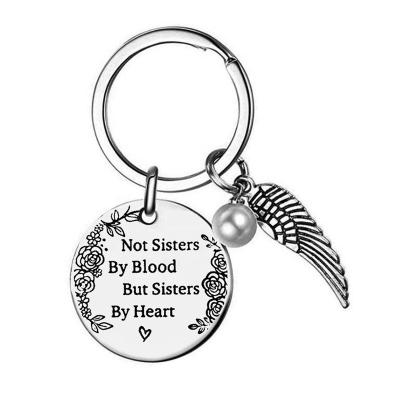 China Trendy Best Friend Letter Key Chain Sisters Not By Blood Pearl Wings Stainless Steel Keychains Accessories for sale