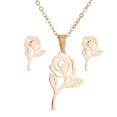 China TRENDY Not Fade Fashion Rose Flower Gold Stainless Steel Sets For Women Jewelry Necklace Earring Set for sale