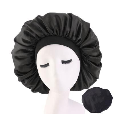 China Extra Large Women's Silk Satin Sleep Hoods Soft Black Silk Print Soft Black Satin Sleep Hoods Hair Hoods for sale