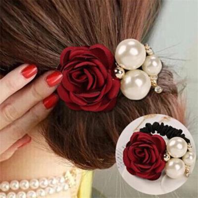 China European and American Style Women's Rose Flower Pearl Rhinestone Hair Style The Large Gather Elastic Rope Ring Hair Accessories Fashion Hair Style for sale