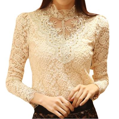 China Anti-pilling anti-pilling elegant lace blouse shirts for women crochet chic office puff sleeve crew neck shirts ladies work wear tops for sale