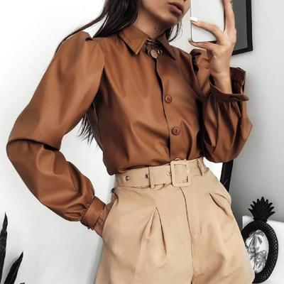 China Anti-pilling Solid Color Faux Leather Collar Lapel Shirt Office Blouse Long Sleeve Elegant Ladies Puff Full Casual Anti-pilling Button for sale