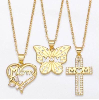 China CLASSIC Cross Female Creative Heart-shaped Butterfly Design Niche Necklace Zirconia MOM Letter Clavicle Chain Mother's Day Pendant Gift for sale