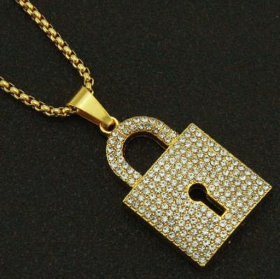 China CLASSIC Diamond Lock Middle Keyhole Pendant Hip Hop Full Necklace European and American Lock Accessories for sale