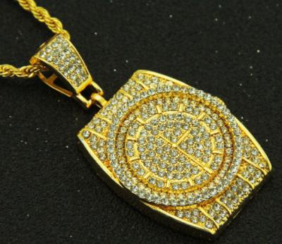 China European and American hip-hop CLASSIC Diamond-encrusted gold Diamond Stereo Watch Pendant Necklace men's jewelry for sale