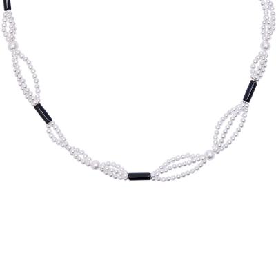 China Comfort Fit High Quality Women's Pearl Black Elegant Multi-layered Interlocking Pearl Sterling Silver Necklace for sale