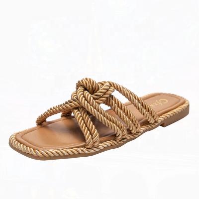 China Cushioning Customize Sexy Brown Braided Flat Sandals For Women Open Toe for sale