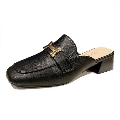 China Fashion Trend Customized External Wear 2022 New Summer Casual Women's Flat Heeled Muller Shoes Half Metal Buckle Thick Heel Black Slippers Ladies for sale