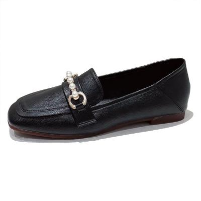 China Customized Wholesale Black Square Flat Toe Soft Leather Slip-On Loafers Ladies Leather Shoes New British Spring Style for sale