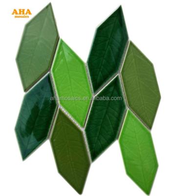 China New Parquet Porcelain Supply Kitchen Decor Irregular Green Leaf Shape Porcelain Glass Mosaic Slab for sale