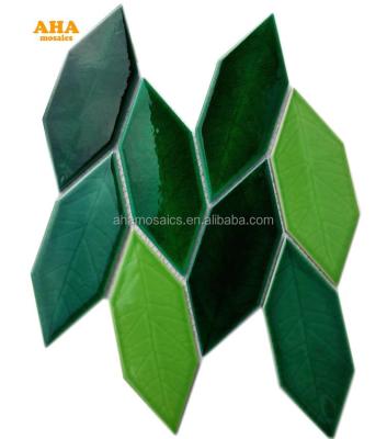 China Popular Green 3d Art Leaf Shape Glass Mosaic Backsplash of Parquet Design for sale