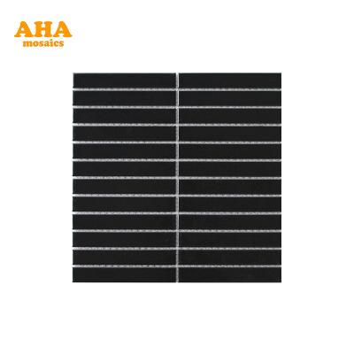 China Modern hot sale premium glazed finger strip kitchen wall splash black ceramic mosaic tile sheets for sale