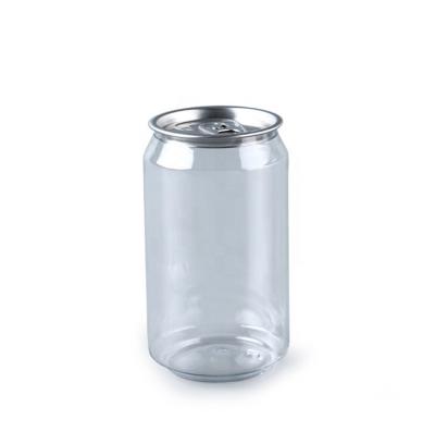 China Plastic Beverage Pop Can 330ml 500ml 650ml Transparent PET Beverage Box With Open And Drink Lid for sale