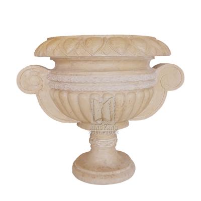 China EUROPEAN Price Natural Marble Cheap Classic Stone Flower Pot Light Yellow Stone Flower Pot For Outdoor Decoration Chinese Made for sale