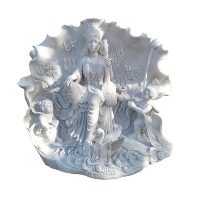 China The Traditional White Marble Female Buddha Statue With Flowers &Children High Quality Large Stone Religious Goddess Sculpture For Garden Decor for sale