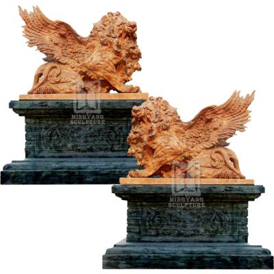 China Large Fierce Sensitive Flying Winged EUROPEAN Lion Statue Stone Carved Customized Lion Marble Sculpture Luxury Outdoor for sale