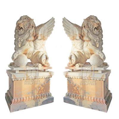 China EUROPEAN Natural Marble Life Size Lion Winged Statue Crouching Lion Stone Sculpture Passageway Decoration For Outdoor for sale