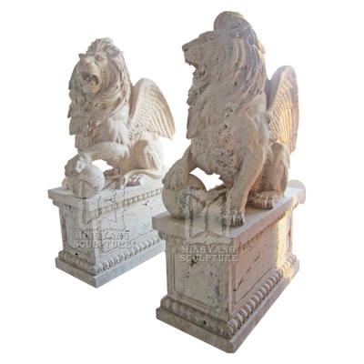 China Decorative Granite Lion Sculpture Handmade Squat Winged Lion Statue Front Door Travertine Stone Carved EUROPEAN for sale