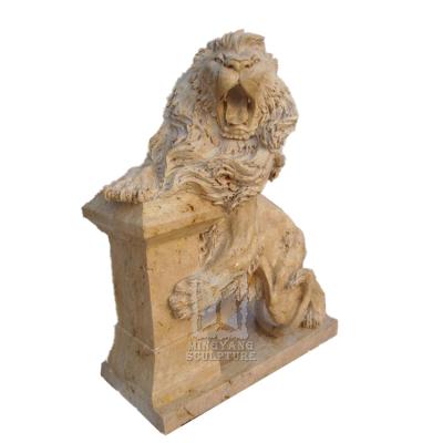 China Lion Statue Natural Cream Stone Marble EUROPEAN Lion Sculpture With Pillar Gate Lion Statue Hand Carved Leaping Outdoor for sale